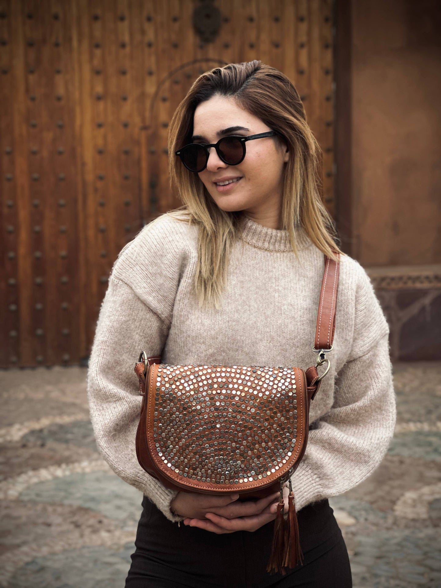 Handmade Studded Leather Shoulder Bag | Chic Medium Purse