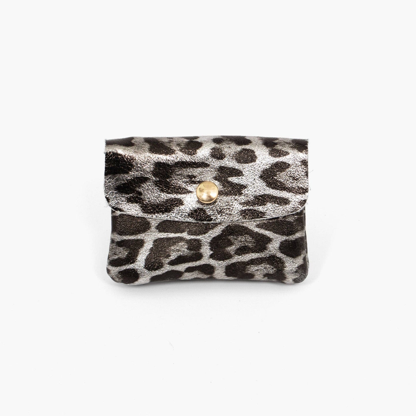 Italian Leather Coin Purse - Grey Leopard Print, Metallic