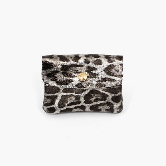 Italian Leather Coin Purse - Grey Leopard Print, Metallic