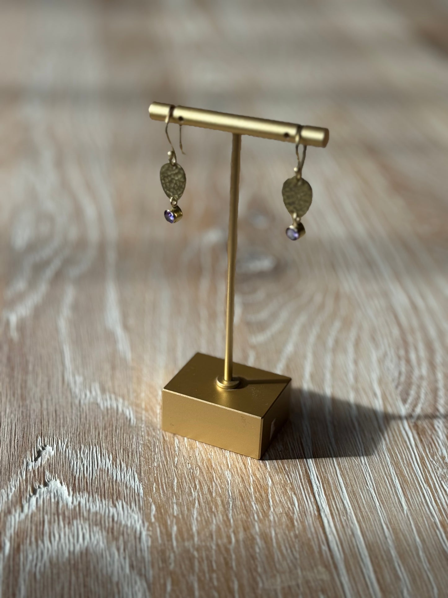 Gold Plated Brass Earrings with Brass Disk and Amethyst