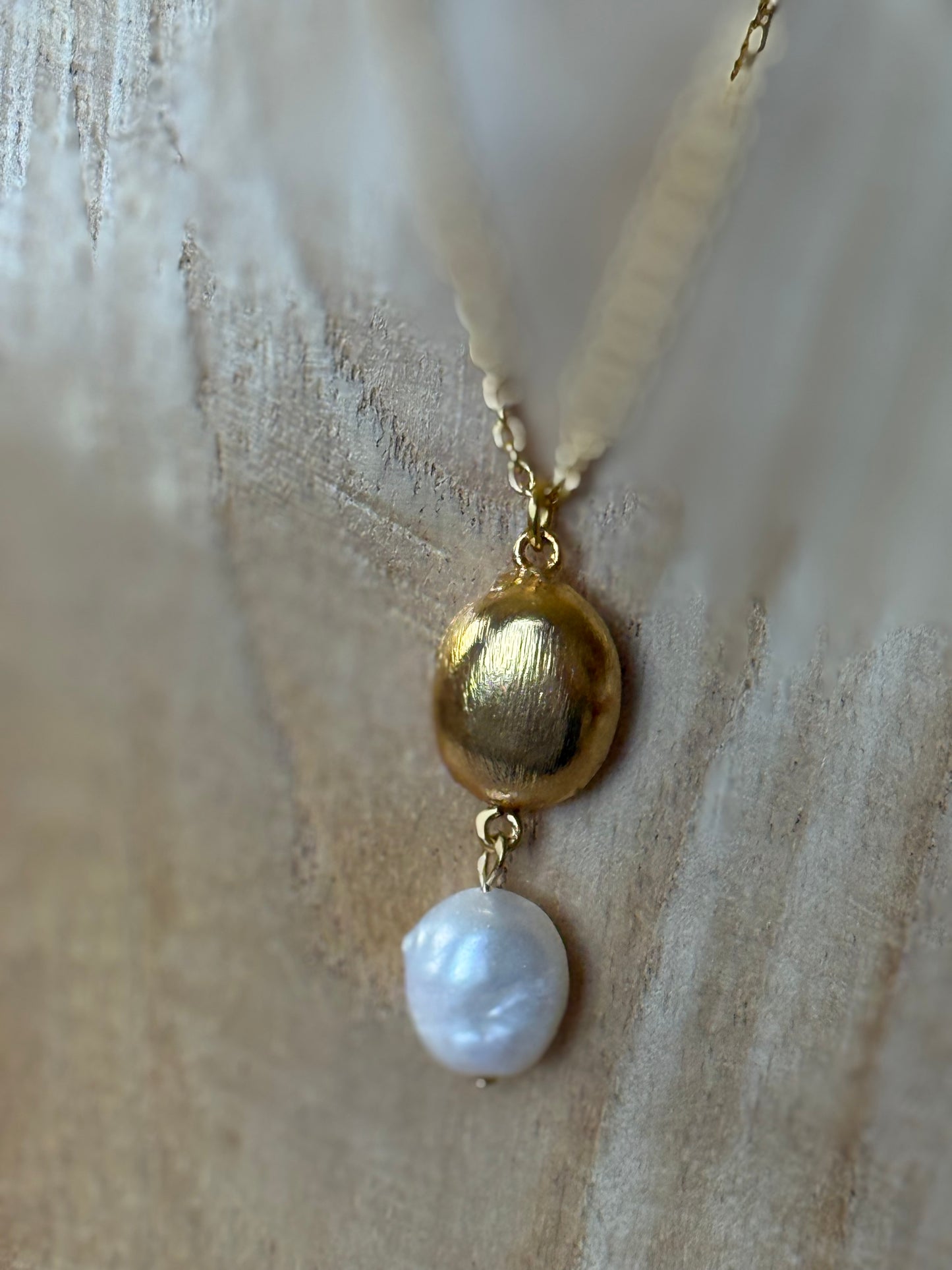 Gold Plated Polished Brass and River Pearl Necklace