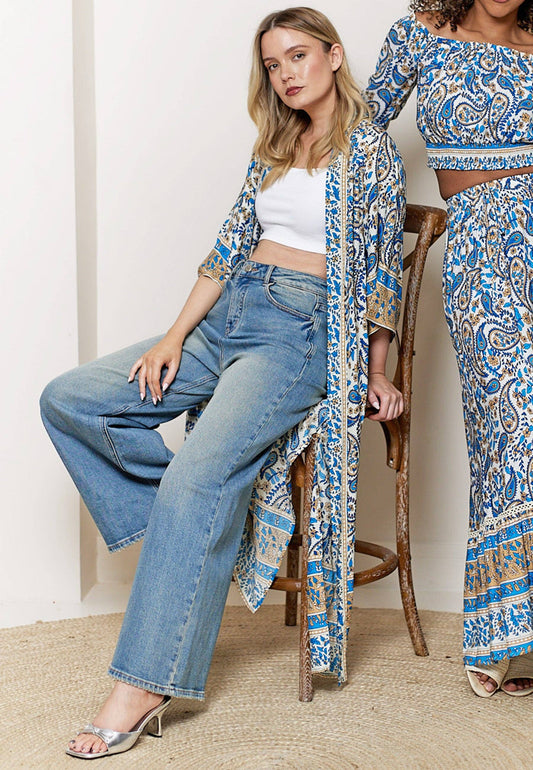 Long Sleeve Maxi Kimono in Blue Paisley Print