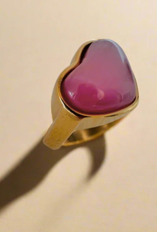 Pink cat's eye gemstone heart ring 18k gold plated