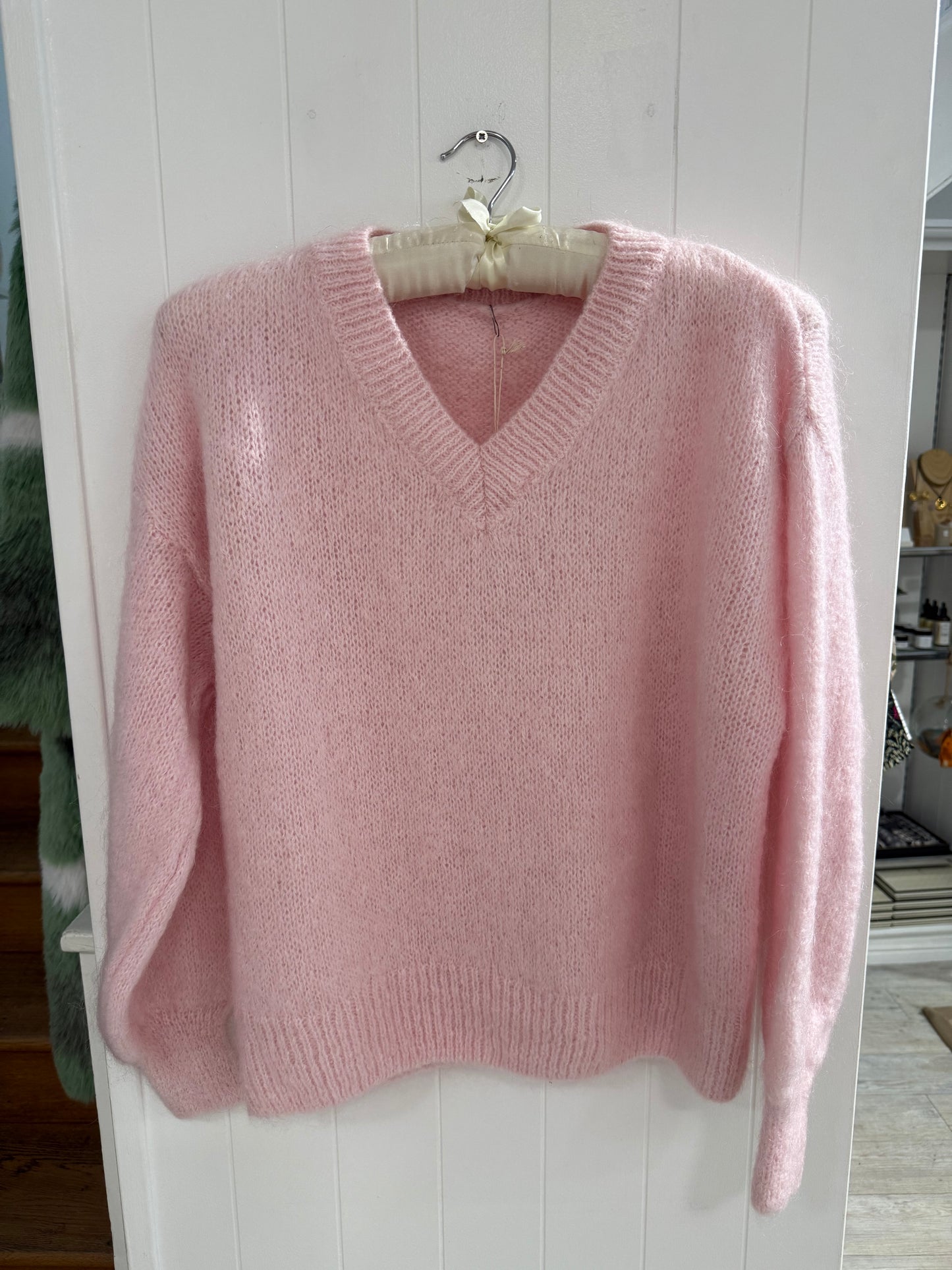 V Neck Mohair Sweater in Pink