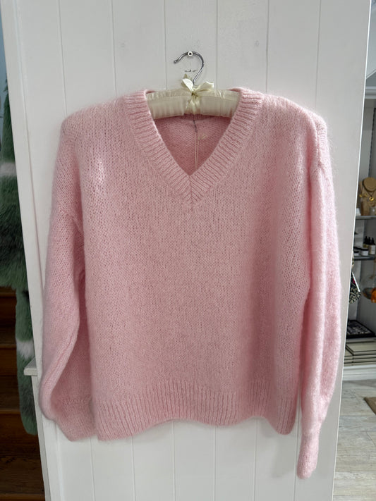 V Neck Mohair Sweater in Pink