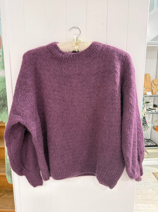Round Neck Mohair Sweater in Aubergine