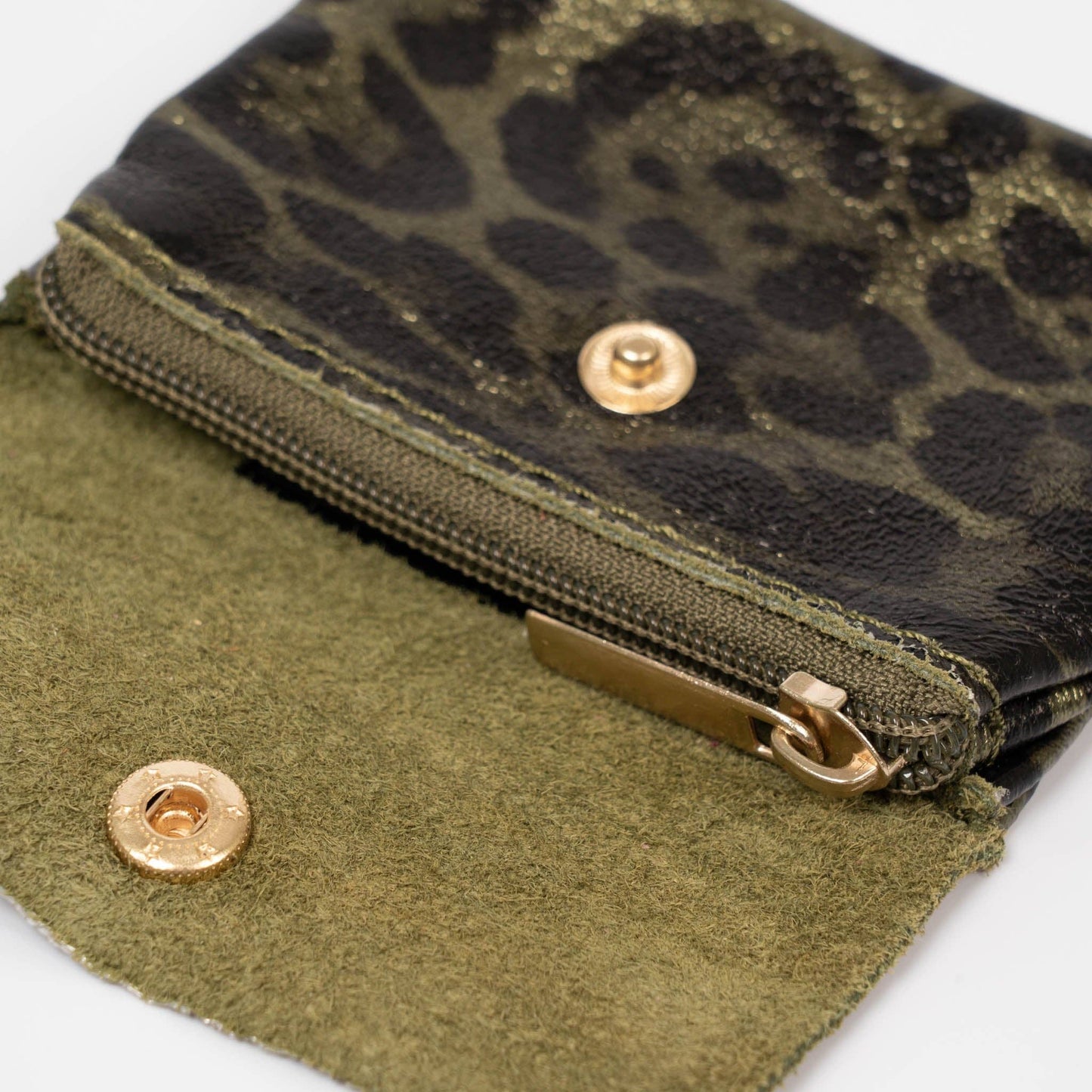 Italian Leather Coin Purse - Khaki Leopard Print, Metallic