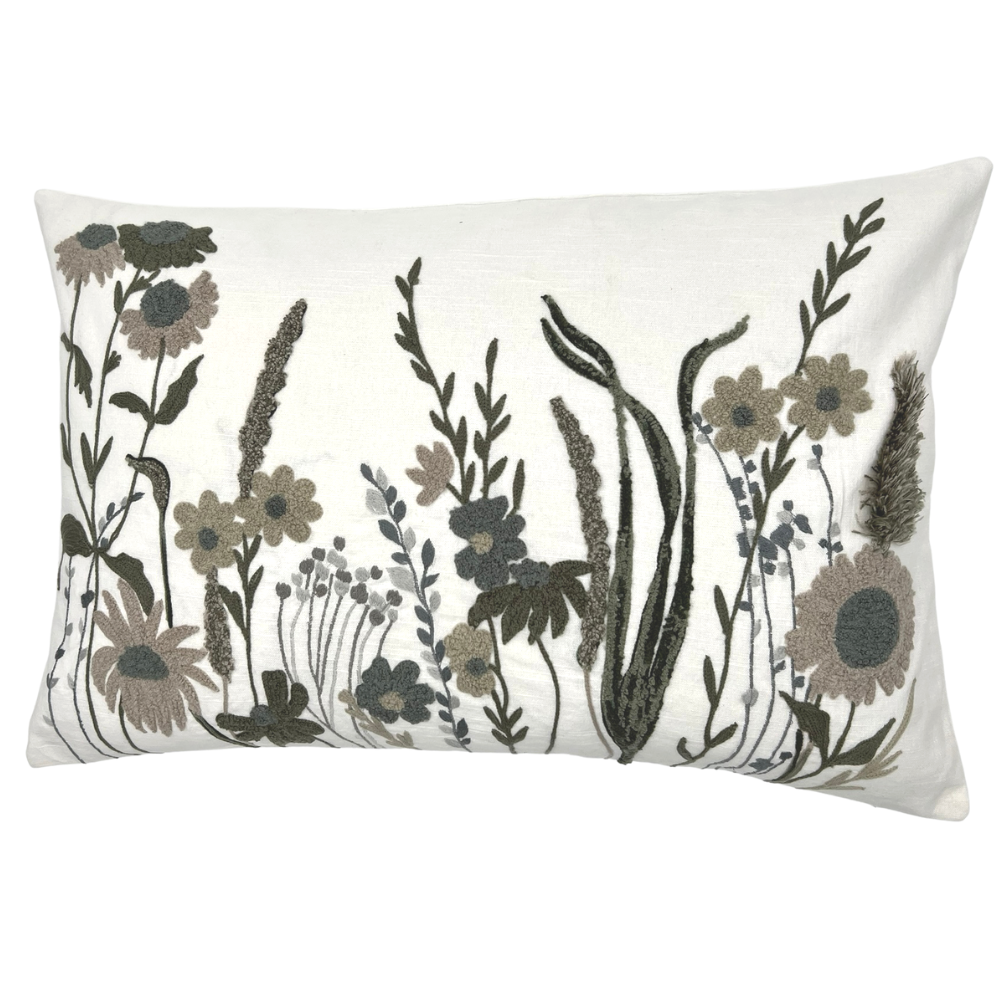 Rectangular Cushion in White with Embroidered Flowers