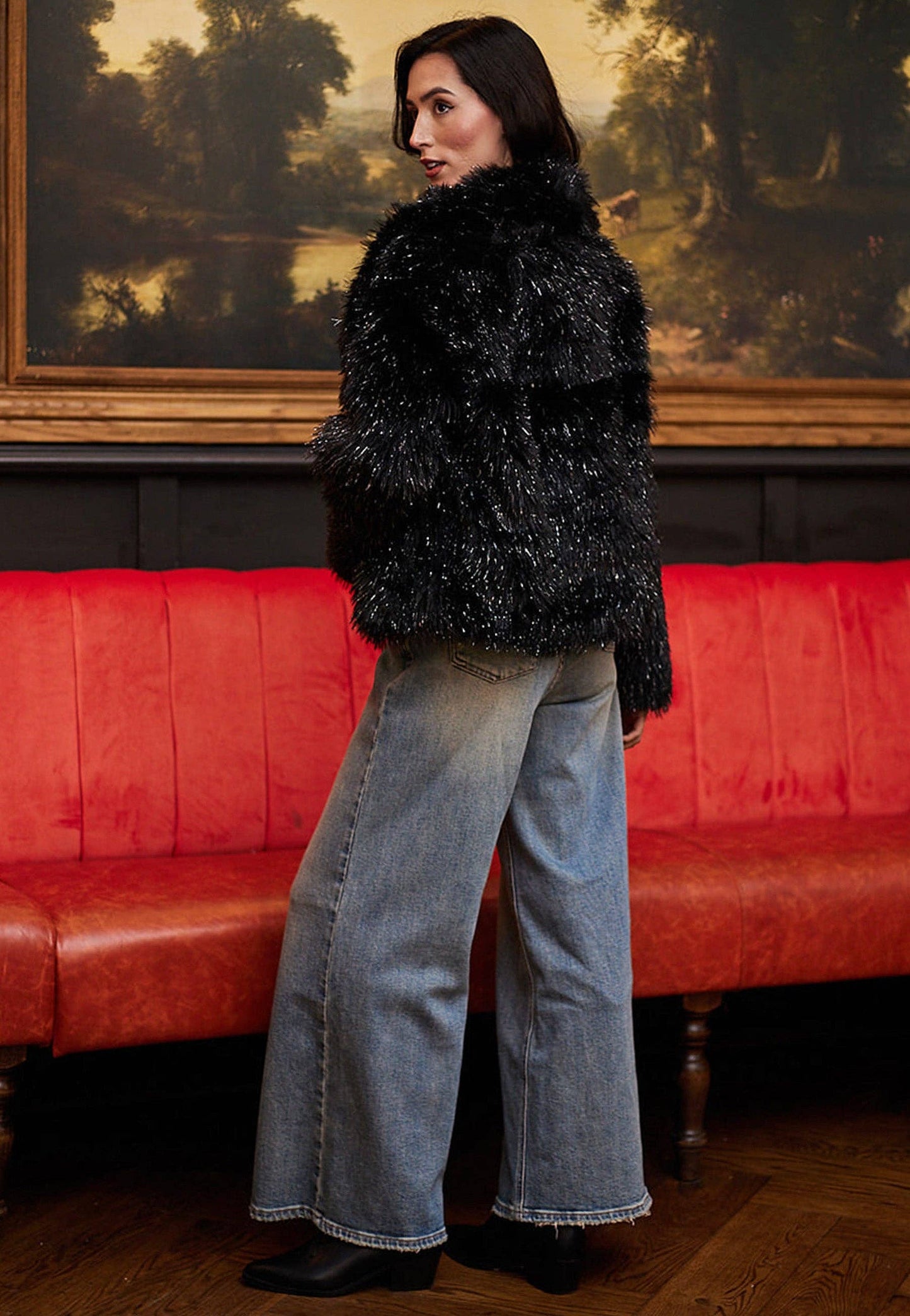 Faux Fur Glittery Short Coat In Black