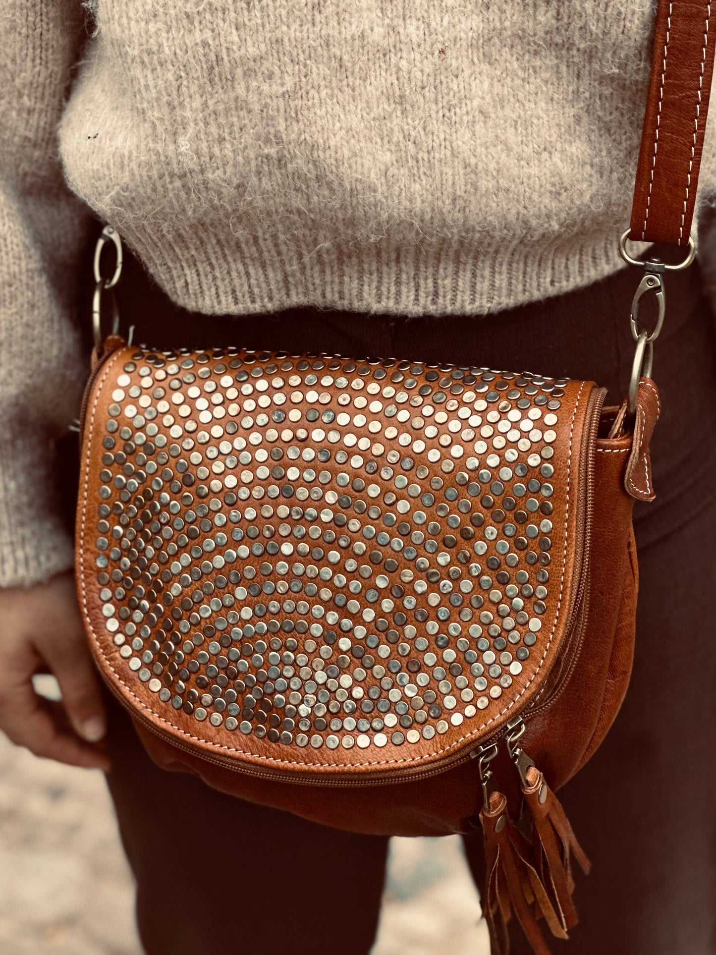 Handmade Studded Leather Shoulder Bag | Chic Medium Purse