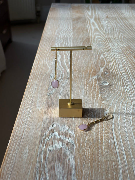 Gold Polished Earrings with Twisted Brass Bar and Pink Chalcedony Stone