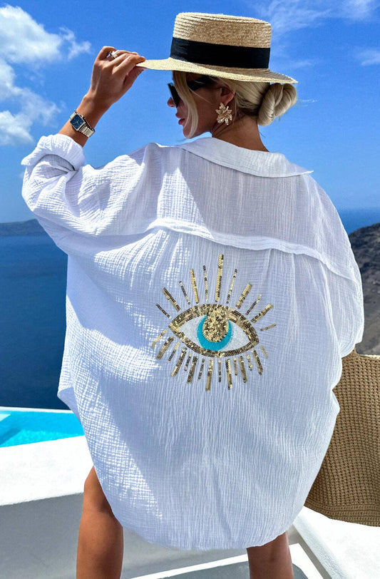 Maxine 'Eye' Sequins Oversized Cotton Gauze Style Shirt Top-Ivory Beach Coverup
