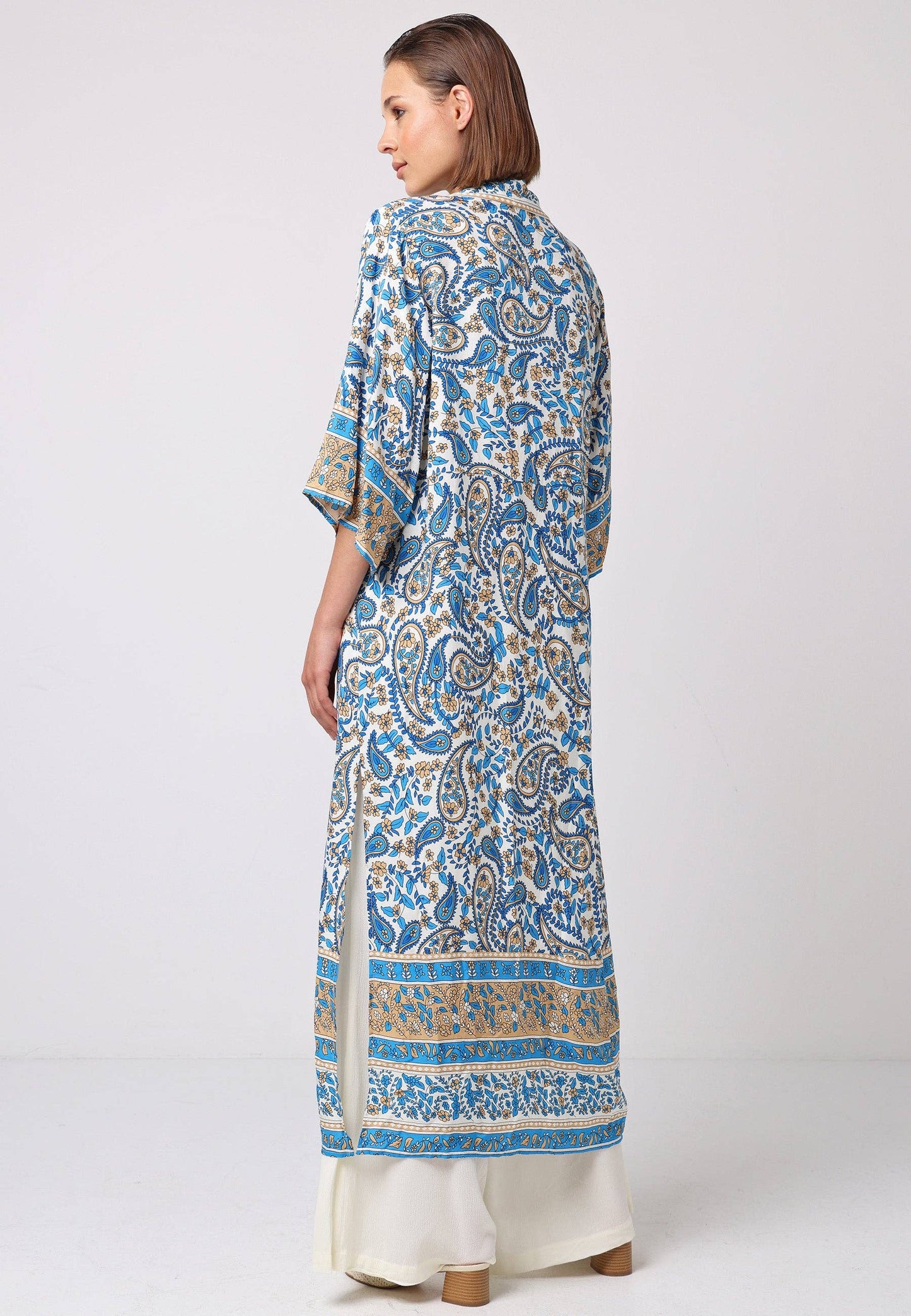 Long Sleeve Maxi Kimono in Blue Paisley Print