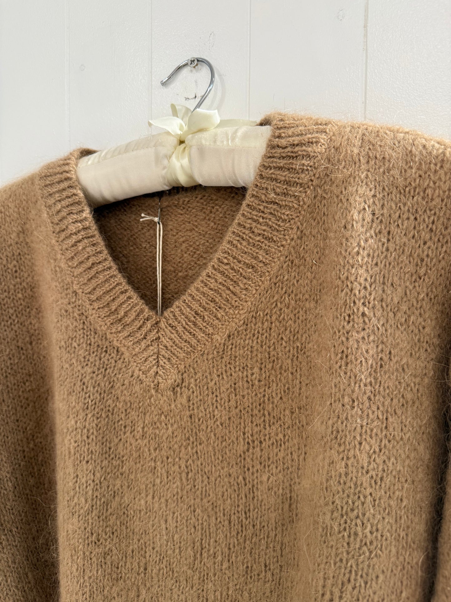 V Neck Mohair Sweater in Camel