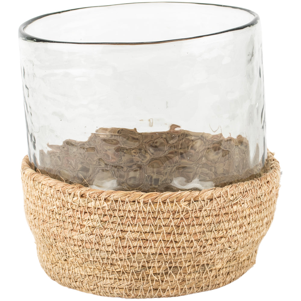 Hammered Glass Tea Light in Jute basket Large