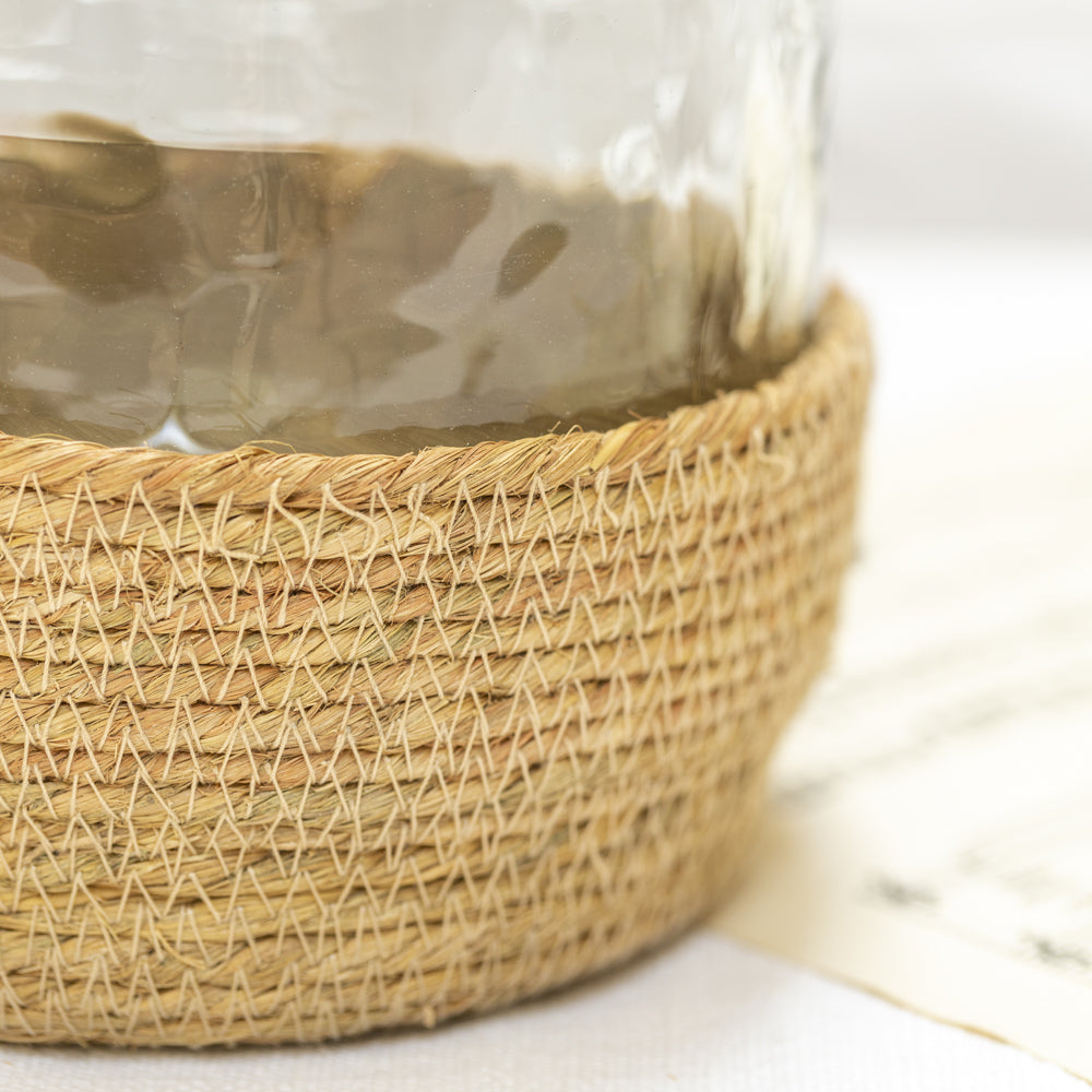 Hammered Glass Tea Light in Jute basket Large