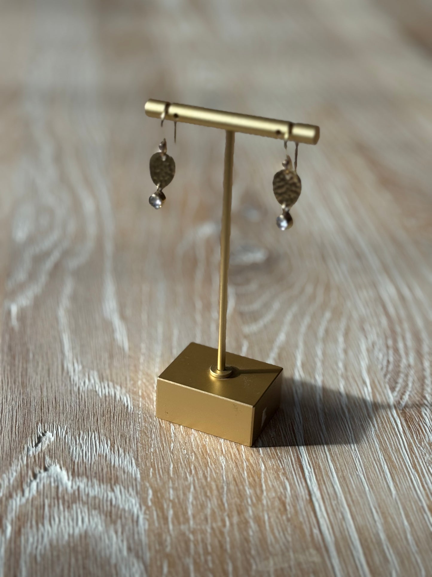 Gold Plated Brass Earrings with Brass Disk and Clear Quartz