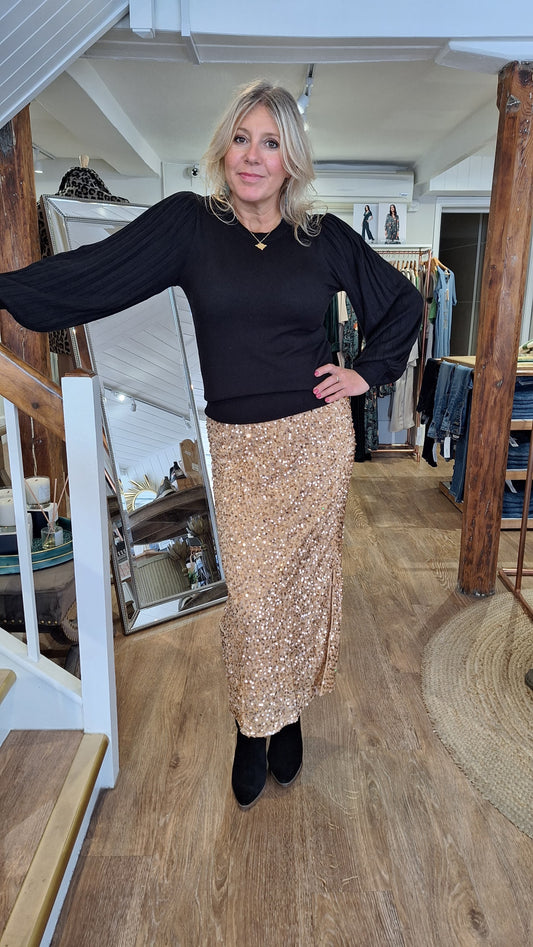 Midi Sequin Skirt in Caramel