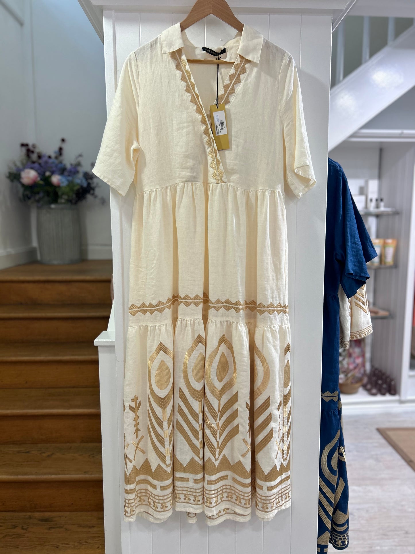 Short Sleeve Long Feather Dress in Natural with Gold Detail