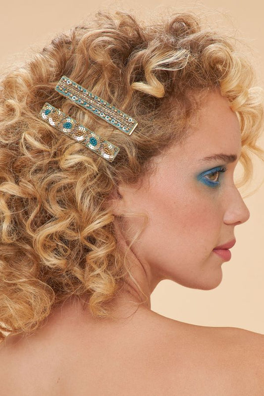 Narrow Jewelled Hair Bar - Teal Ovals & Beads