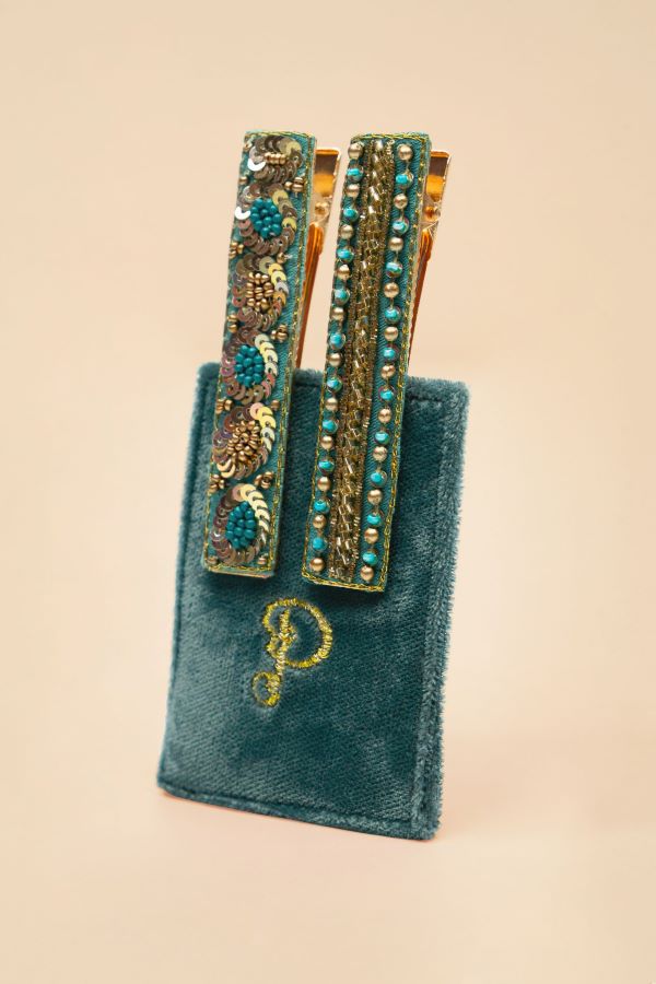 Narrow Jewelled Hair Bar - Teal Ovals & Beads