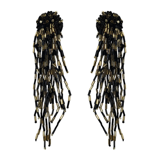 Black & Gold Waterfall Beaded Earrings