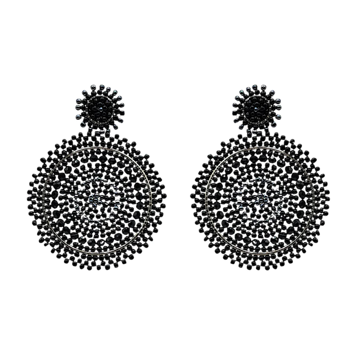 Black & Hematite Beaded Circle Drop Earrings