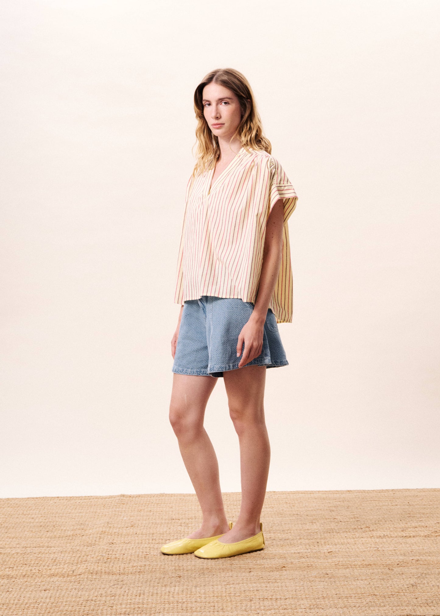 Cream Blouse with Thin Red Stripes