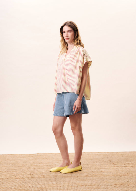 Cream Blouse with Thin Red Stripes