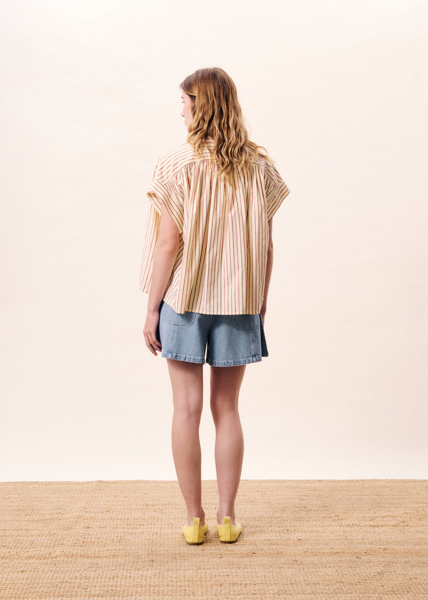 Cream Blouse with Thin Red Stripes