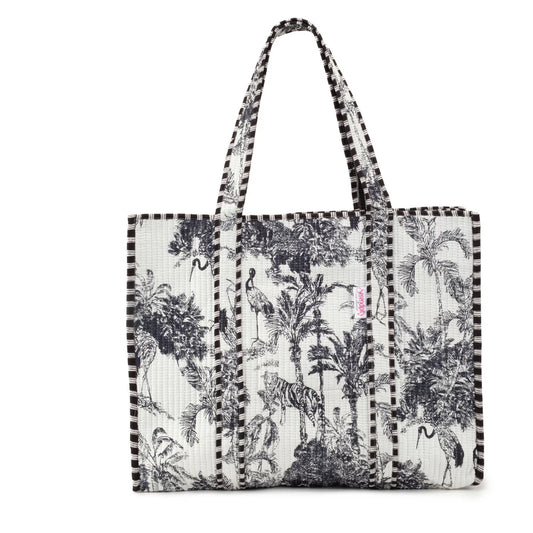 Serendipity Cotton Quilted Tote in Black and White Crane