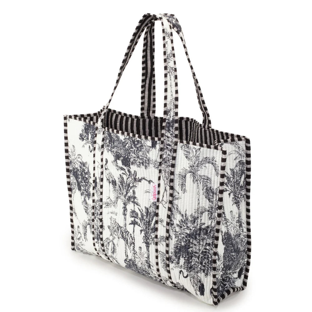 Serendipity Cotton Quilted Tote in Black and White Crane