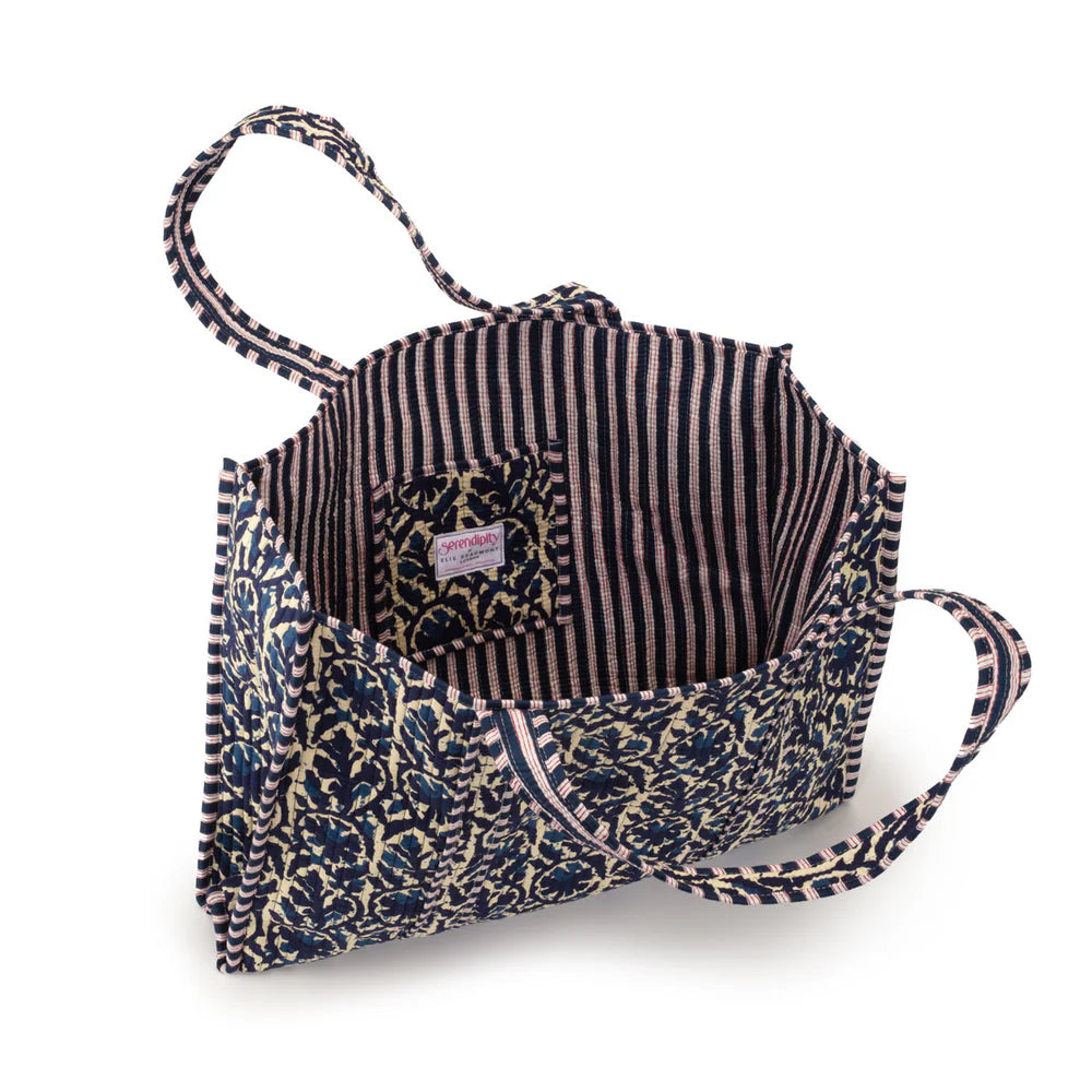 Serendipity Cotton Quilted Tote in Indigo Ikat