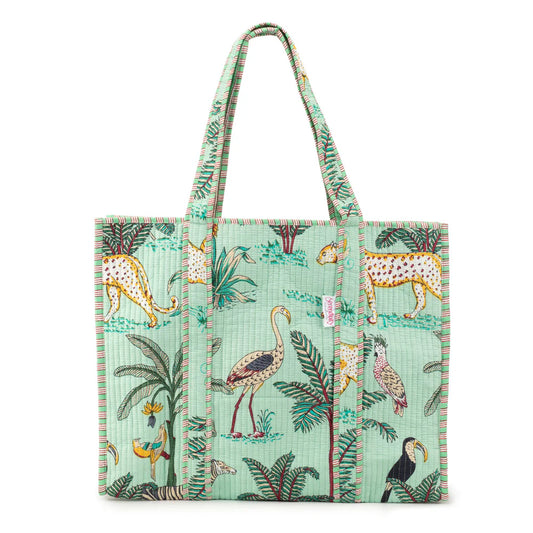 Serendipity Cotton Quilted Tote in Mint Jungle