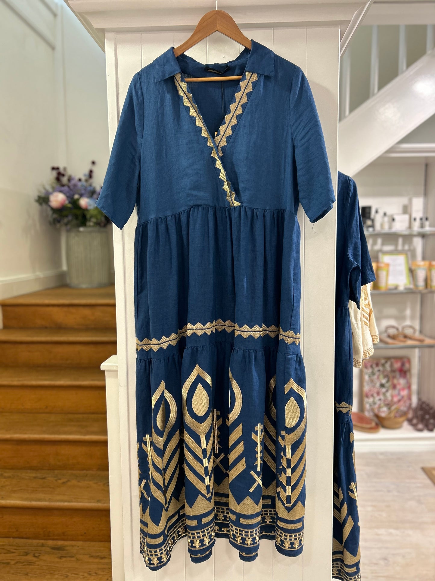 Short Sleeve Long Feather Dress in Indigo with Gold Detail