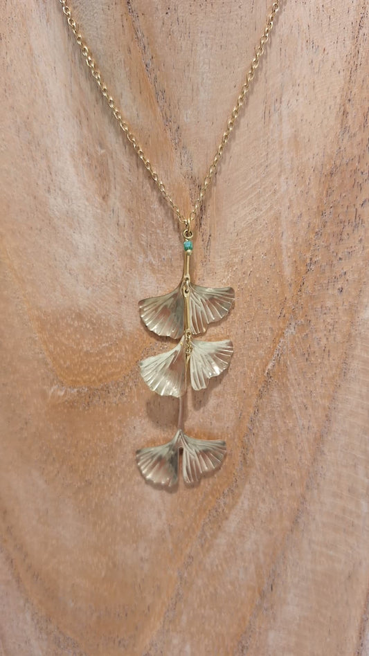 Ginkgo Three Leafs Brass Necklace