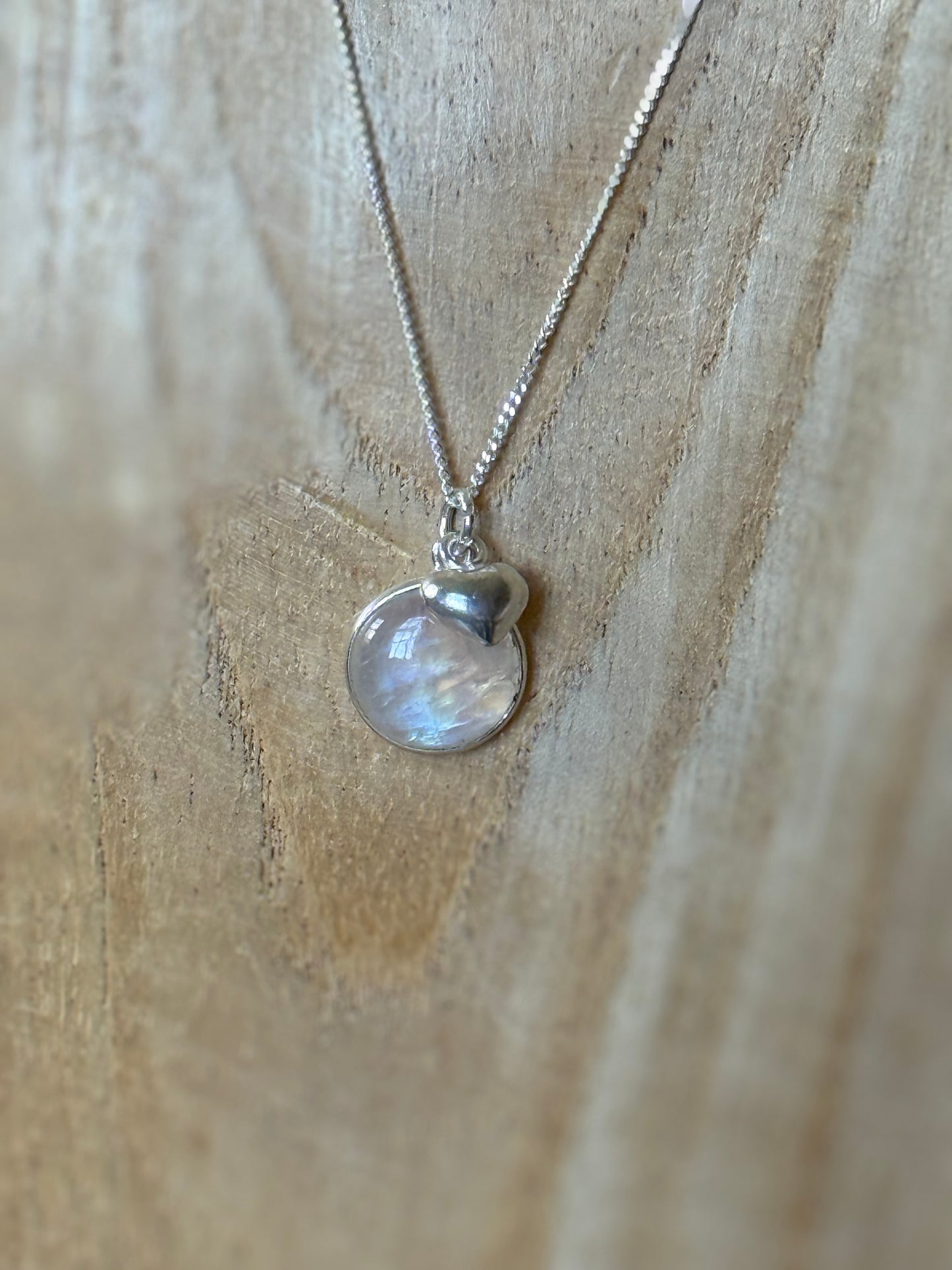 Silver Necklace with Heart and Rainbow Moonstone Drop