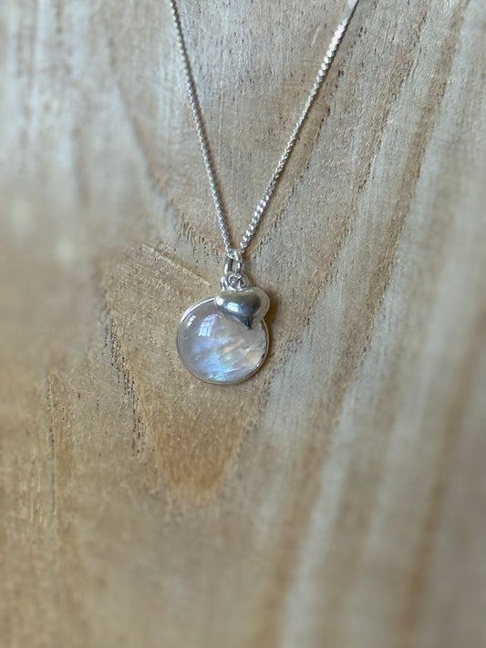 Silver Necklace with Heart and Rainbow Moonstone Drop