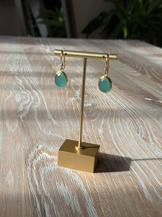 Gold Polished Brass Drop Earrings with Aqua Chalcedony Stone