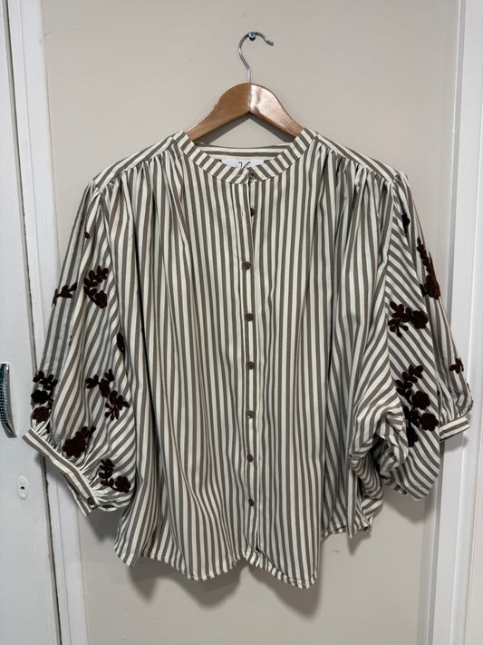 Brown and Cream Striped Shirt with Embroidery Detail on Sleeve