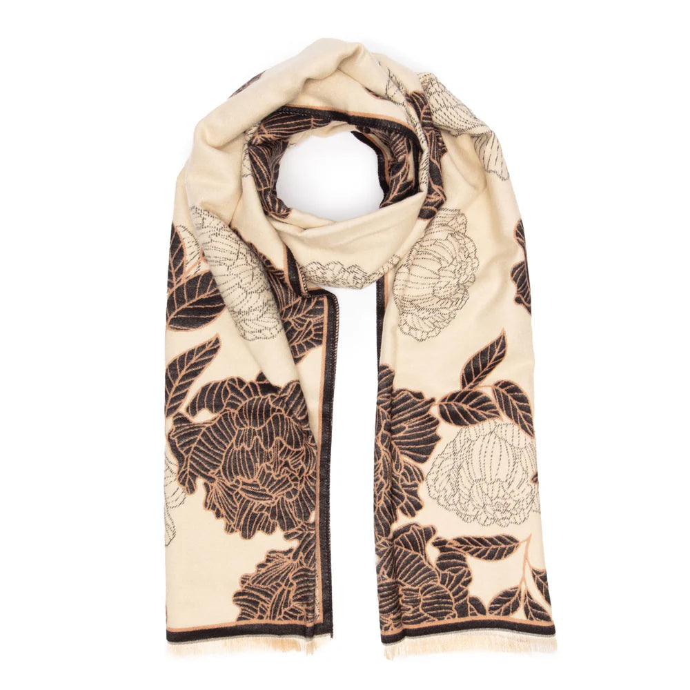 Winter Scarf Black & Ivory Peonies