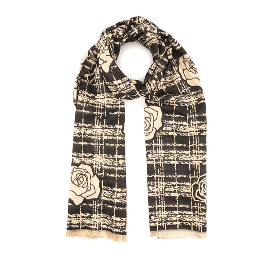 Winter Scarf Black and Ivory Roses in Check