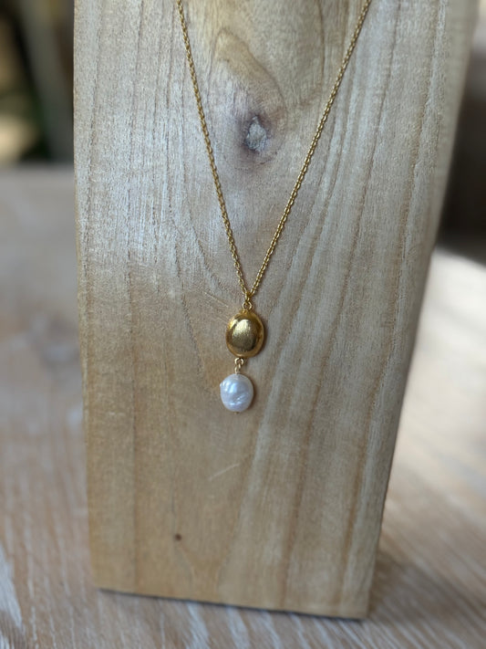 Gold Plated Polished Brass and River Pearl Necklace