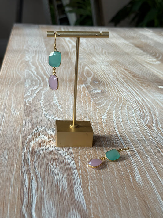 Gold Polished Earrings with Double Drop in Pink and Aqua Chalcedony