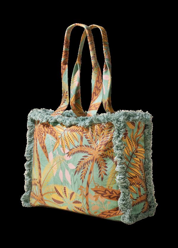 Patterned Palms Fringed Tote Bag