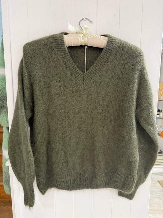 V Neck Mohair Sweater in Khaki