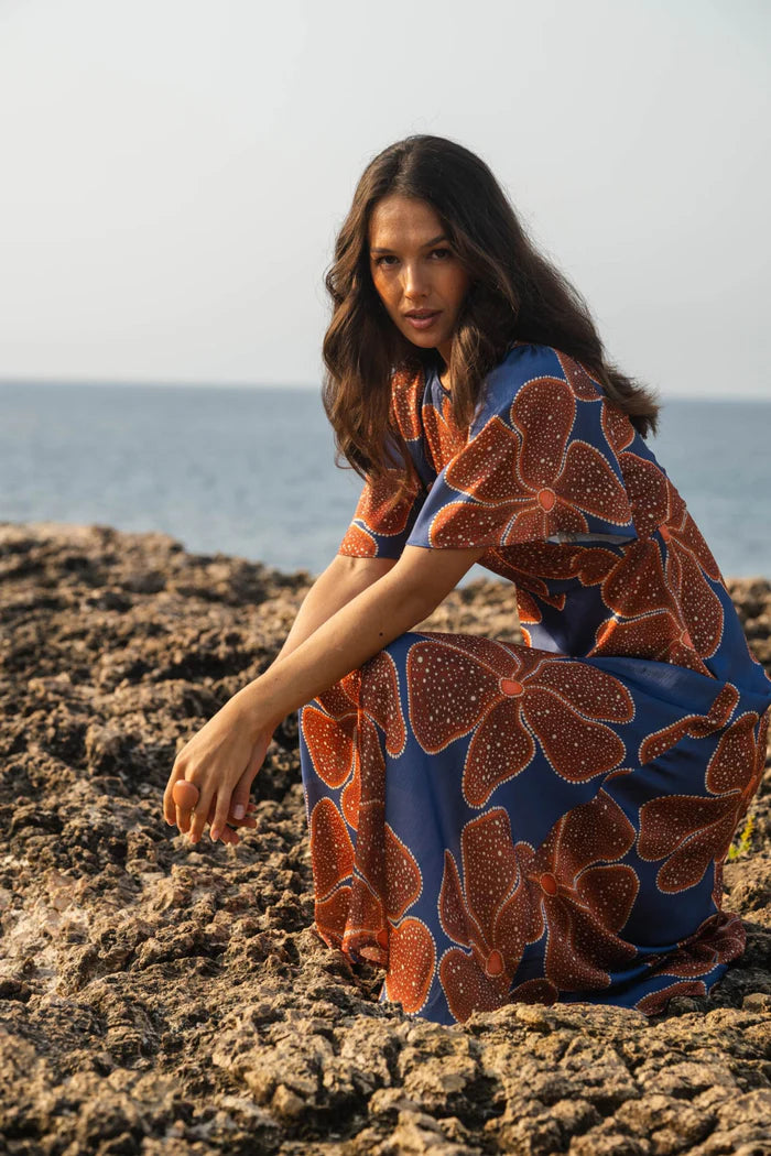 Full Bloom Whispers Rene Dress in Blue & Orange