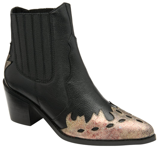 Galmoy Black Leather Boot with Metallic Foil