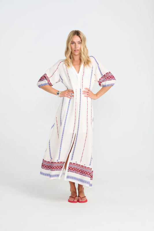 Hyacinth Dress in Cream with Red & Blue Pattern