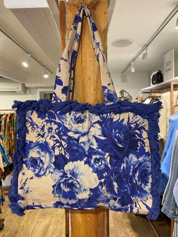 China Blue Blooms Fringed Tote Bag